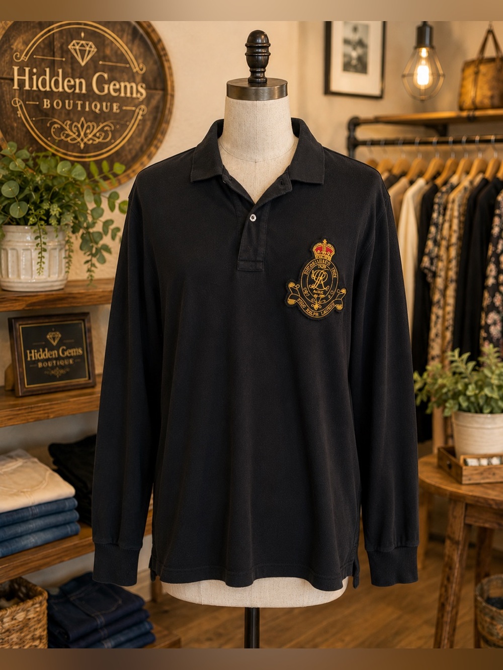 Ralph Lauren Black Long-Sleeve Polo with Gold Crest - Picture 5 of 9